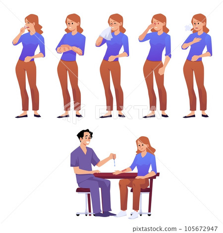 Set of women with various allergy symptoms, skin test flat style 105672947