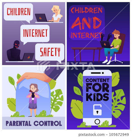 Children internet safety posters set, flat vector illustration. 105672949