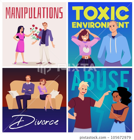 Angry people arguing, couples in bad relationships - posters set, flat vector illustration. 105672979