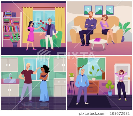 Couples in bad and toxic relationships, set of scenes, flat vector illustration. 105672981