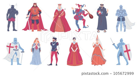 Set of historical medieval characters - cartoon flat vector illustration isolated on white background. 105672999