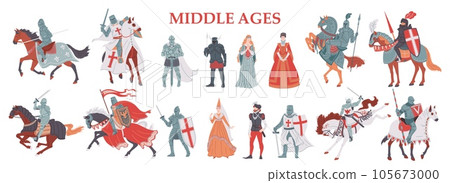 Set of vector isolated illustrations of medieval knights, king and lord, queen and princess, chevaliers and warriors 105673000