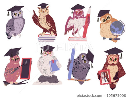 Vector isolated set of wise owls in various actions, cute bird teacher, cartoon illustrations of online education concept 105673008