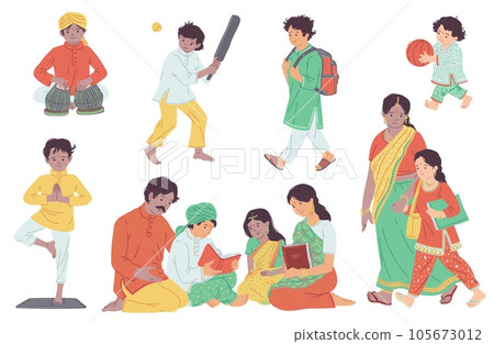 Indian children with family and friends set, flat vector illustration isolated. 105673012