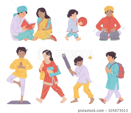 Set of happy Indian children in national costumes flat style, vector illustration Set of happy Indian children in national costumes flat style, vector illustration 105673013