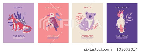 Set of posters or vertical banners with Australian birds and animals flat style 105673014