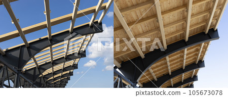 Before And After Shed, Roof Construction, Process Of Building A Wooden Canopy From Boards And Structural Steel Beam, No People. Blue Sky On Background. Engineering. Horizontal Plane Before And After Shed, Roof Construction, Process Of Building A Wooden Canopy From Boards And Structural Steel Beam, No People. Blue Sky On Background. Engineering. Horizontal Plane 105673078