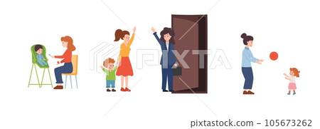 Set of vector illustrations of Family Babysitter services, the nanny feeds, plays with the child, isolated on white background 105673262
