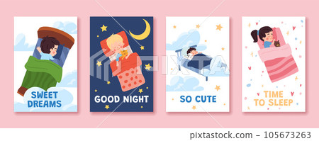 Cute children sleeping in bed with toys, posters set, cartoon flat vector illustration. 105673263