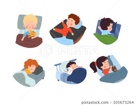 Set of little boys and girls sleeping peacefully in bed, flat vector illustration isolated on white background. 105673264