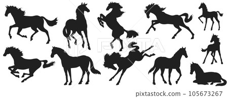 Horses in motion black silhouettes collection vector illustration isolated. 105673267