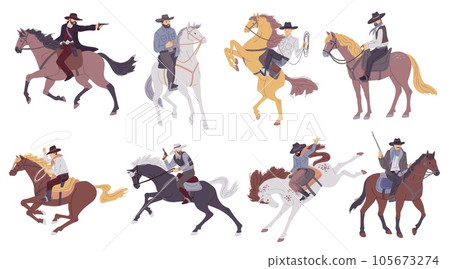 Cowboys riders, sheriffs and bandits set, flat vector illustration isolated. Cowboys riders, sheriffs and bandits set, flat vector illustration isolated. 105673274