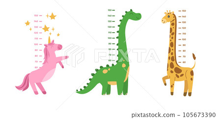 Height measure wall stickers set with cute animals, cartoon flat vector illustration isolated on white background. 105673390