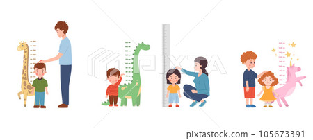 Set of children measuring height with decorative wall meters flat style Set of children measuring height with decorative wall meters flat style 105673391