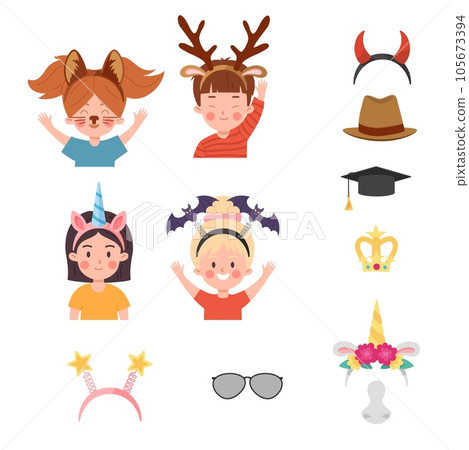 Set of happy children with various headbands flat style 105673394