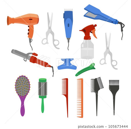 Professional hairdresser and home hair care tools, vector illustration isolated. Professional hairdresser and home hair care tools, vector illustration isolated. 105673444