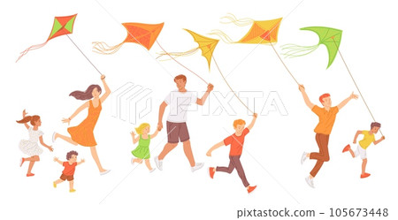 Adults and children playing with kites and fly it to sky, flat vector isolated. 105673448