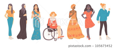 Set of diverse women of different cultures and nationalities - flat vector illustration isolated on white background. Set of diverse women of different cultures and nationalities - flat vector illustration isolated on white background. 105673452