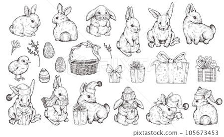 Rabbit or hare big set hand drawn gravure or sketch style vector isolated. 105673453