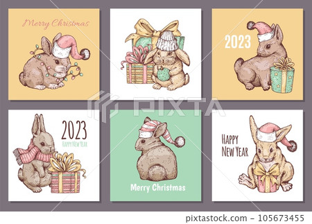 Christmas and New Year greeting cards set with cute rabbit drawing, sketch vector illustration. 105673455