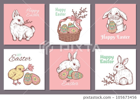 Cute Easter rabbit posters set, hand drawn sketch vector illustration. Cute Easter rabbit posters set, hand drawn sketch vector illustration. 105673456