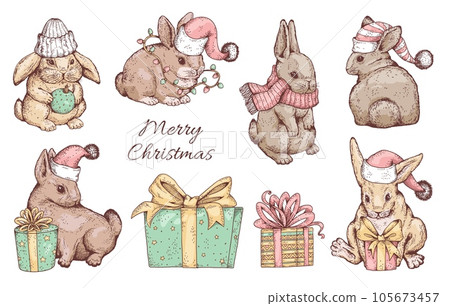 Set of various rabbits in hats with gift boxes sketch style, vector illustration Set of various rabbits in hats with gift boxes sketch style, vector illustration 105673457