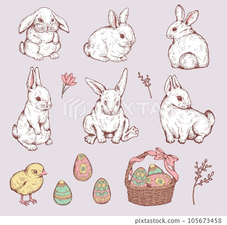 Hand drawn Easter holidays elements - rabbit, eggs and chick, sketch vector illustration isolated. Hand drawn Easter holidays elements - rabbit, eggs and chick, sketch vector illustration isolated. 105673458