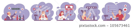 Set of food critics and bloggers eating and rating food, flat vector illustration isolated on white background. Set of food critics and bloggers eating and rating food, flat vector illustration isolated on white background. 105673461