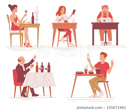 Set of diverse people eating in restaurants and cafes , flat vector illustration isolated on white background. Set of diverse people eating in restaurants and cafes , flat vector illustration isolated on white background. 105673462