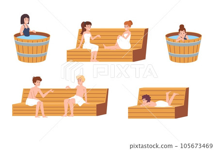 People in sauna on benches and in barrels, flat vector illustration isolated. People in sauna on benches and in barrels, flat vector illustration isolated. 105673469