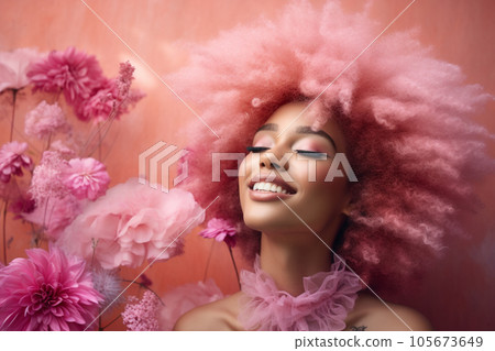 Smiling beautiful woman with pink afro hair Smiling beautiful woman with pink afro hair 105673649