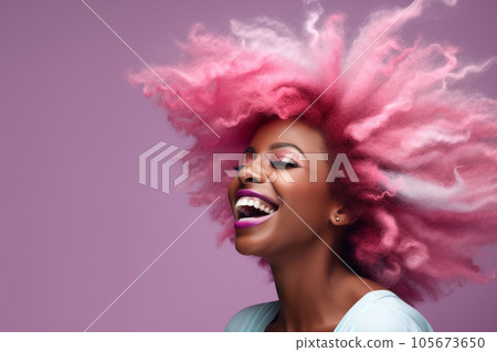 Smiling beautiful woman with pink afro hair with copy space Smiling beautiful woman with pink afro hair with copy space 105673650