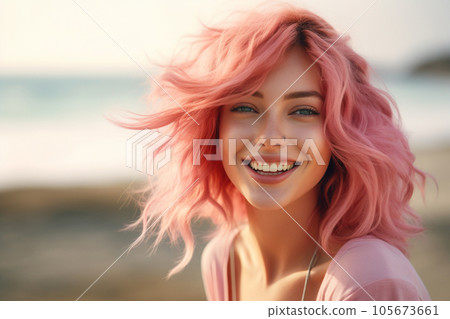 Smiling happy woman with pink hair Smiling happy woman with pink hair 105673661