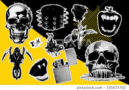 Brutal collage design elements set in dotted style. Retro halftone effect - Skull, vampire mouth, spiked wristband, lighter with fire, rose. Vector illustration with vintage grunge punk cutout shapes. 105673702
