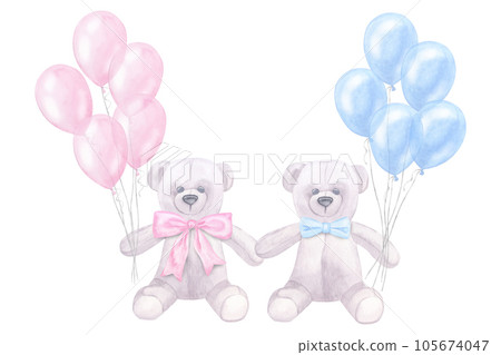 Banner Teddy bears with blue pink bow, balloons, for newborn girl boy. Hand drawn watercolor illustration isolated on white background. Gender reveal party, baby shower 105674047