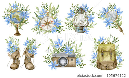 Camping Equipment for wanderlust. Hand drawn watercolor set of illustrations for adventure and travel on isolated background. Drawing of retro vintage lantern and backpack for journey with flowers. 105674122