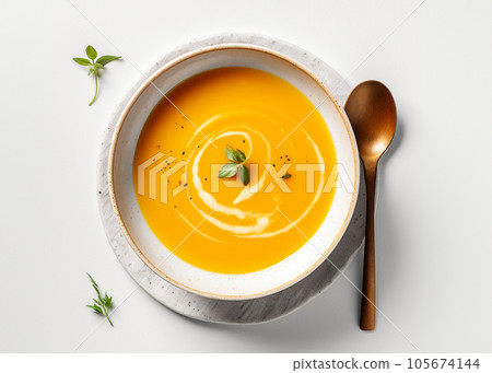 Pumpkin orange puree soup in a bowl on a white background, minimalistic photo. Autumn dish of seasonal vegetables. High quality photo Pumpkin orange puree soup in a bowl on a white background, minimalistic photo. Autumn dish of seasonal vegetables. High quality photo 105674144
