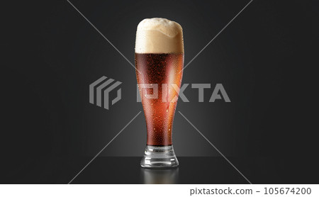 Blank transparent red beer glass mockup, dark background 105674200