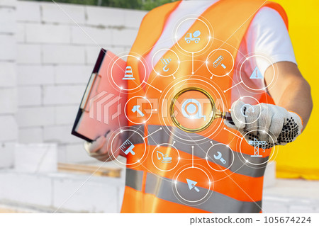 The concept of construction control at a construction site. The concept of construction control at a construction site. 105674224