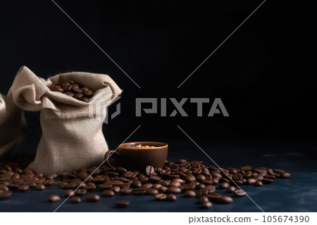 Cup of coffee and coffee beans in a sack on dark background. Generative AI Cup of coffee and coffee beans in a sack on dark background. Generative AI 105674390
