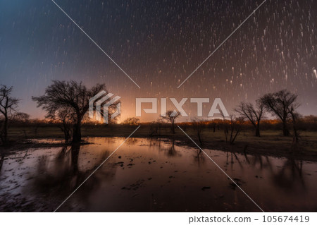 Meteor rain above the trees. Stream of meteorites. Landscape with falling stars. Generative AI Meteor rain above the trees. Stream of meteorites. Landscape with falling stars. Generative AI 105674419