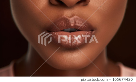 Close up shot on the mouth of a black skinned woman. AI generated 105674420