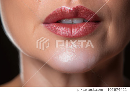 Close up on the mouth of a middle aged woman with her mouth closed. AI generated Close up on the mouth of a middle aged woman with her mouth closed. AI generated 105674421