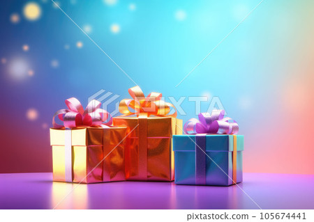 Christmas gifts on gradient shimmer background with snow, light bokeh. AI generated 105674441