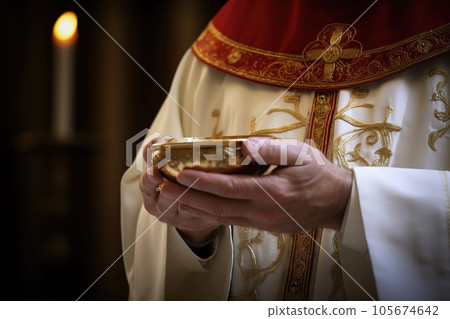 Catholic priest administers Holy Communion 105674642