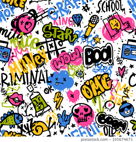 Graffiti Elements Seamless Pattern as Street Wall Painting Art Vector Template 105674671