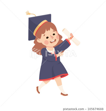 Happy Girl Graduating Wear Blue Gown and Graduation Cap Hold Diploma Vector Illustration Happy Girl Graduating Wear Blue Gown and Graduation Cap Hold Diploma Vector Illustration 105674688