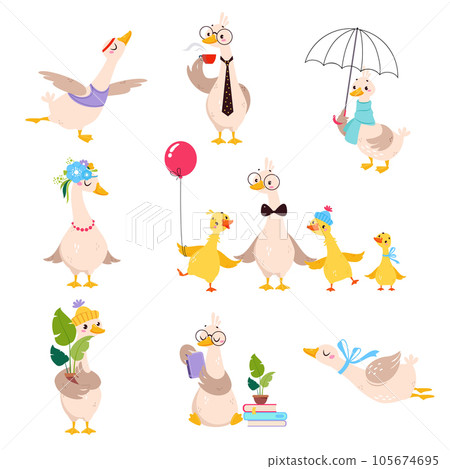 Funny Goose Character Engaged in Different Activity Vector Set 105674695