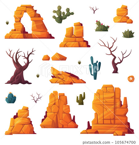 Rock, Cacti and Bare Trees as Desert Landscape Element Vector Set 105674700