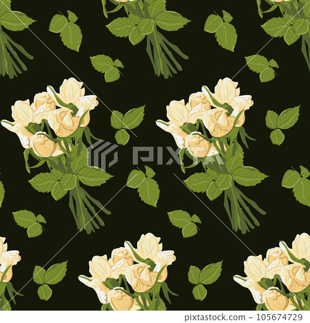 Vector flat white roses in bunches pattern 105674729
